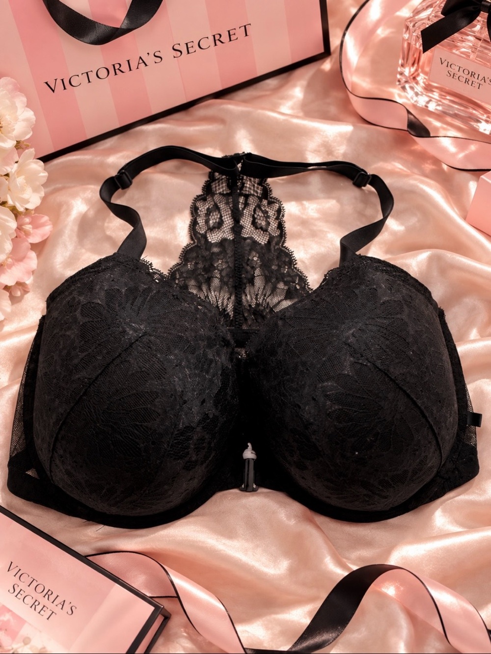 Victoria's Secret Black Lace Racerback Push Up Bra with Decorative Back